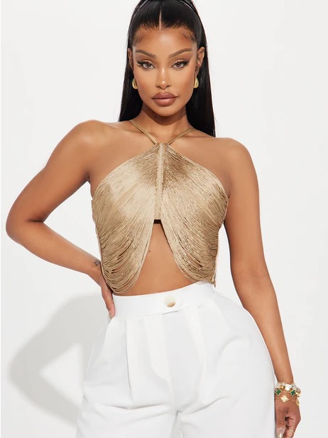 Fashion Nova Metallic Gold Fringe Halter Crop Top